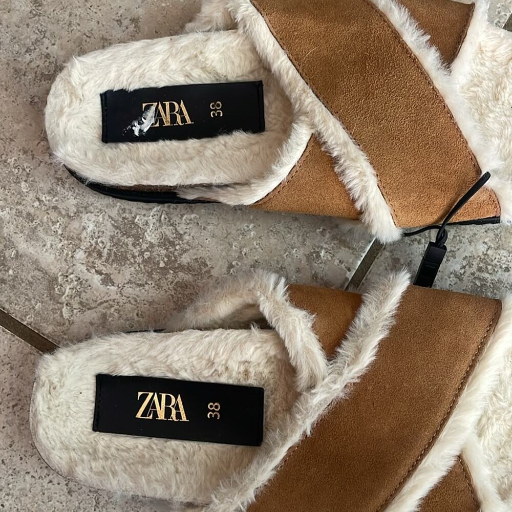 ZARA Faux Fur Lined Leather Slide Sandals - Picture 6 of 16